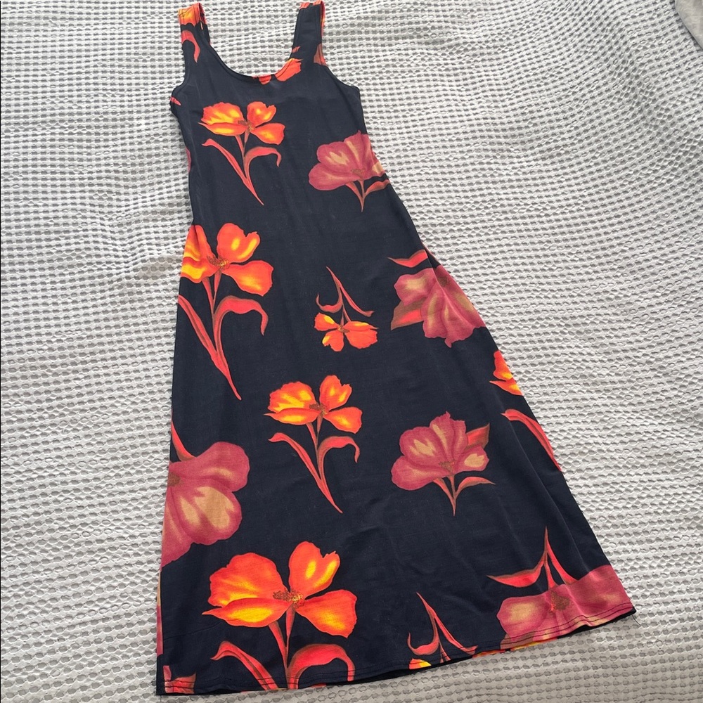 Vintage Navy Tank Midi Dress with Orange & Yellow Floral Print